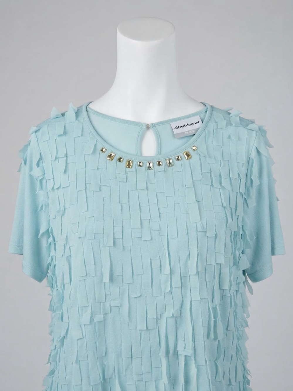Alfred Dunner Pale Blue Short-Sleeve Fringe-Textured Top with Gold Accents